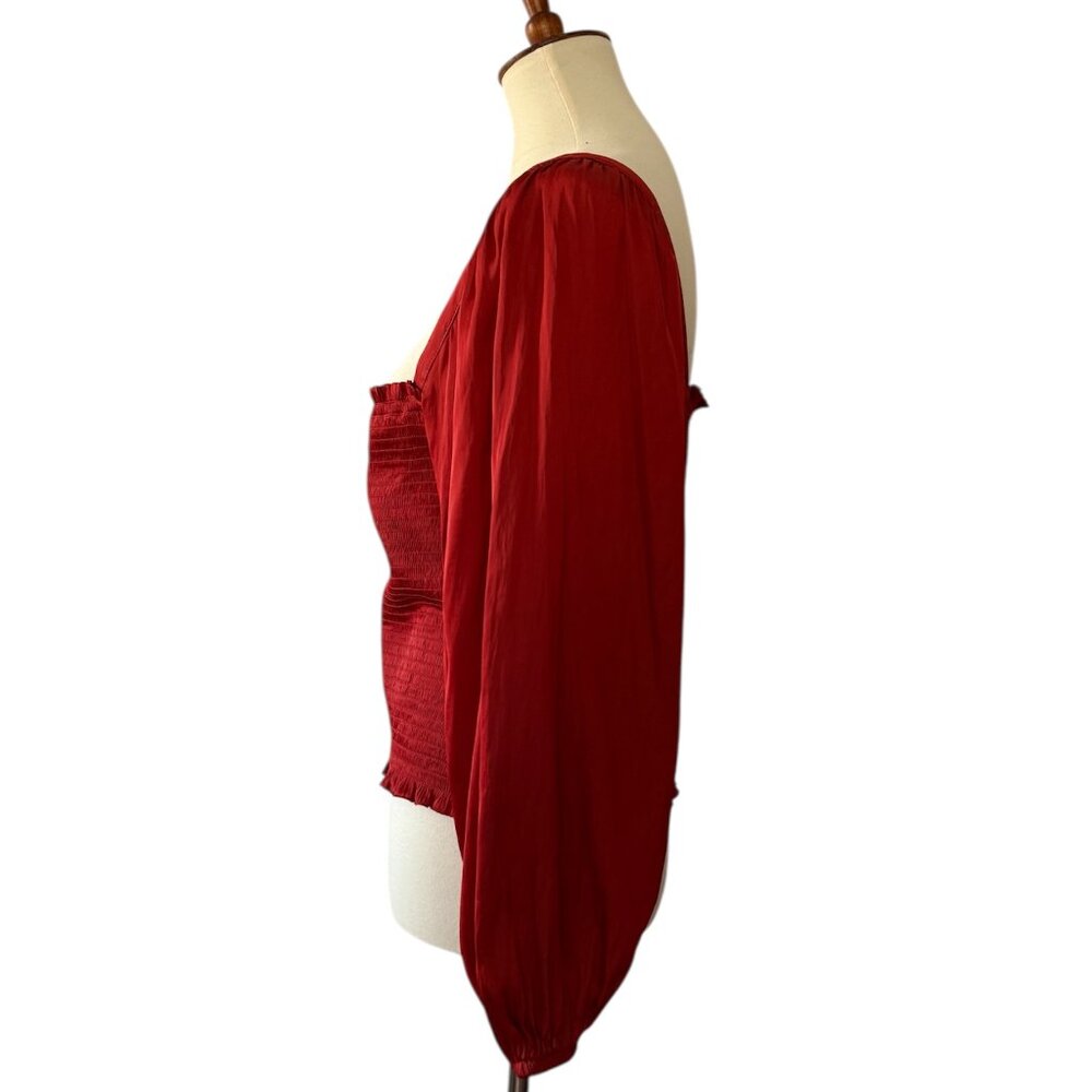 J. Crew Square Neck Smocked Featherweight Satin Top Red Large - Picture 2 of 6